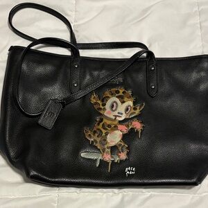 Rare Baseman Coach Black Leather Tote Bag with Leopard Print Character